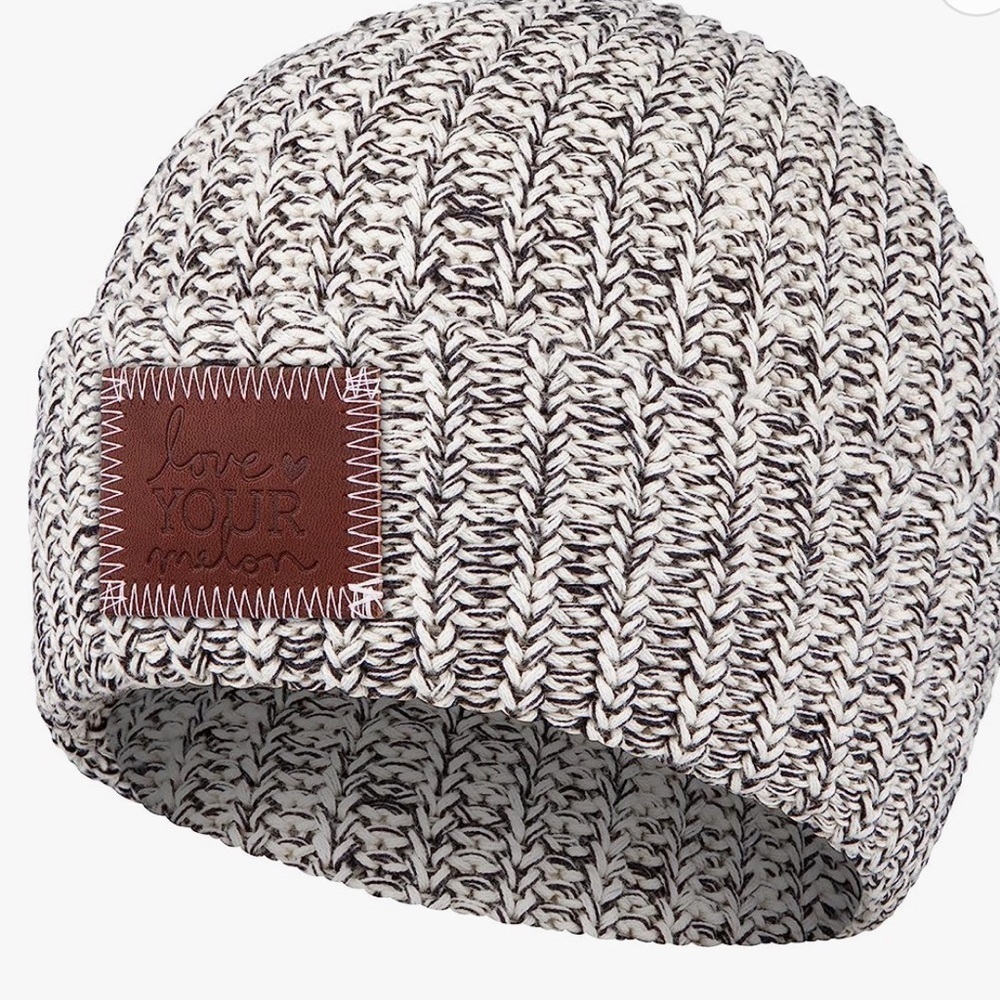 Love Your Melon Marled Cream and Black Knit Beanie with Leather Patch